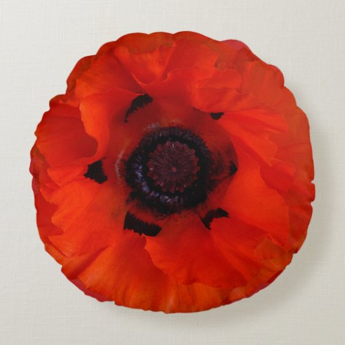 Red Poppy Floral Botanical Round Pillow