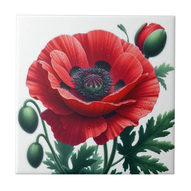 Red Poppy Floral Ceramic Tile (Front)