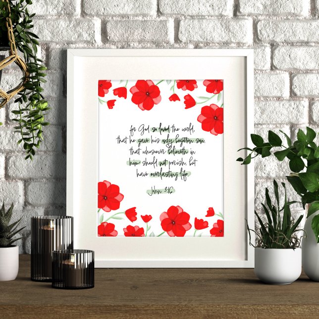 Red Poppy Floral Christian Bible Verse John 3:16 Poster (Creator Uploaded)