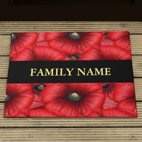 Red Poppy Floral Family Name Doormat