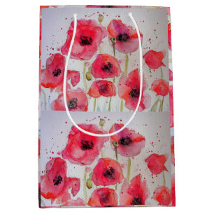 Red Poppy floral Flower Pattern Paper Party Plate Medium Gift Bag