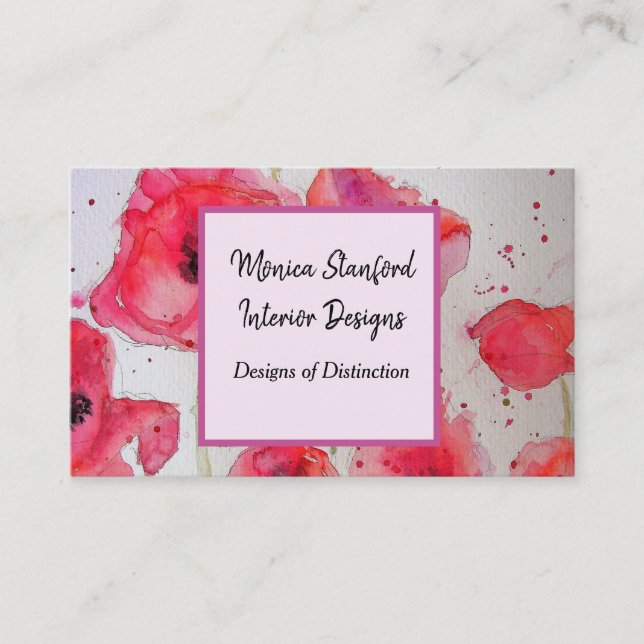 Red Poppy Floral Flowers Watercolour Business Card (Front)