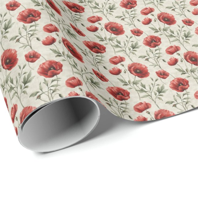 Red Poppy Floral Gift Wrap Wrapping Paper Flowers (Roll Corner)
