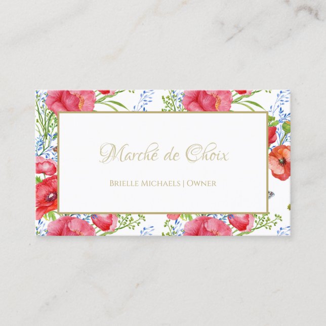 Red Poppy Floral Gold Script Beauty Boutique Business Card (Front)