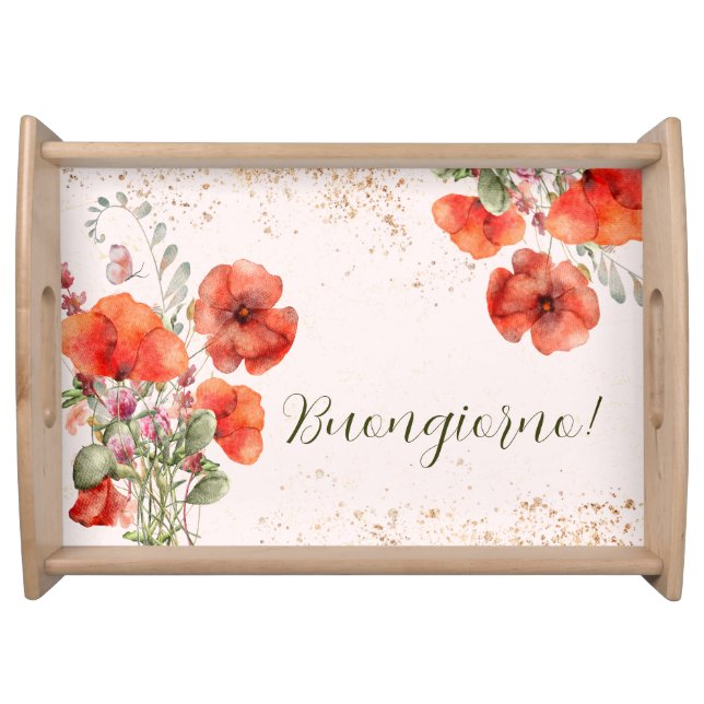 Red Poppy Floral Hello Buongiorno Italian Kitchen Serving Tray (Front)