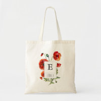 Red Poppy Floral Monogram Personalized Tote Bag