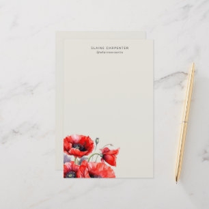 Red Poppy Floral Monogram Stationery Paper