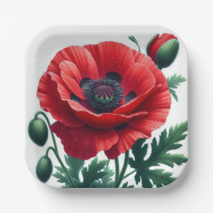 Red Poppy Floral Paper Plates