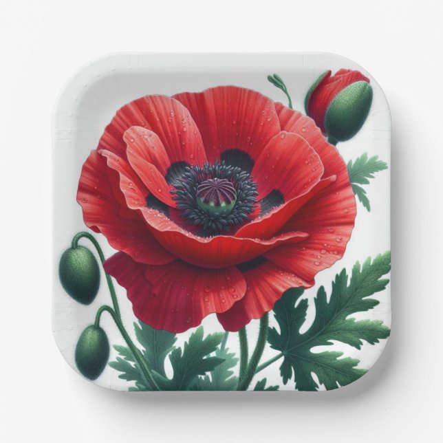 Red Poppy Floral Paper Plates (Front)