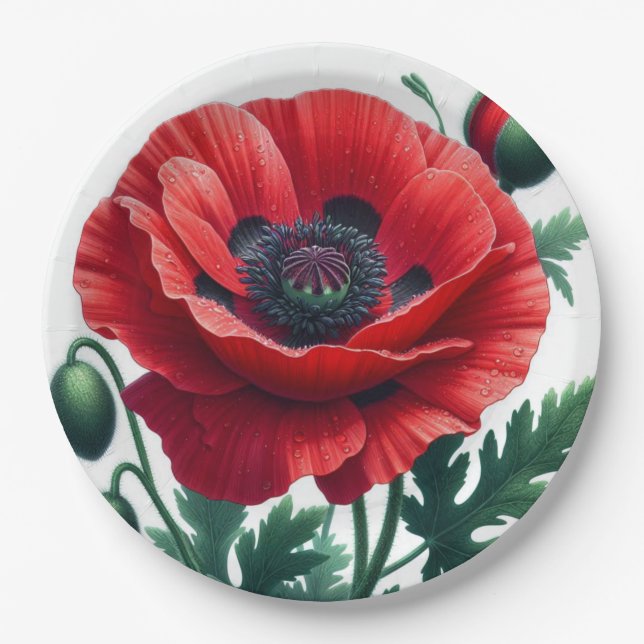 Red Poppy Floral Paper Plates (Front)