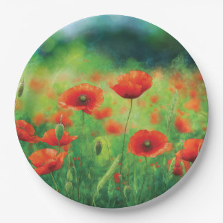 Red Poppy Floral Party Paper Plates