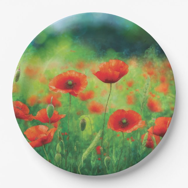 Red Poppy Floral Party Paper Plates (Front)