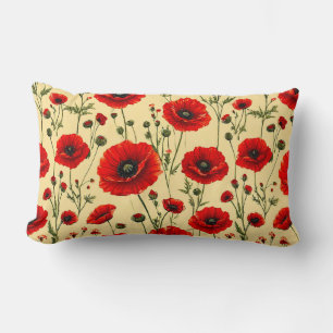 Red Poppy Floral Pattern Lumbar Pillow