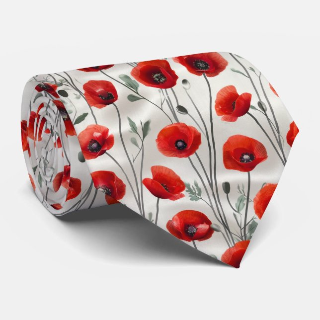Red Poppy Floral Pattern Neck Tie (Rolled)
