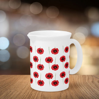 Red Poppy Floral Pattern White Porcelain Pitcher
