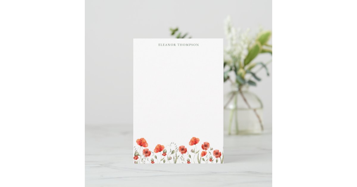 Red Poppy Floral Personalized Name Stationery Note Card | Zazzle