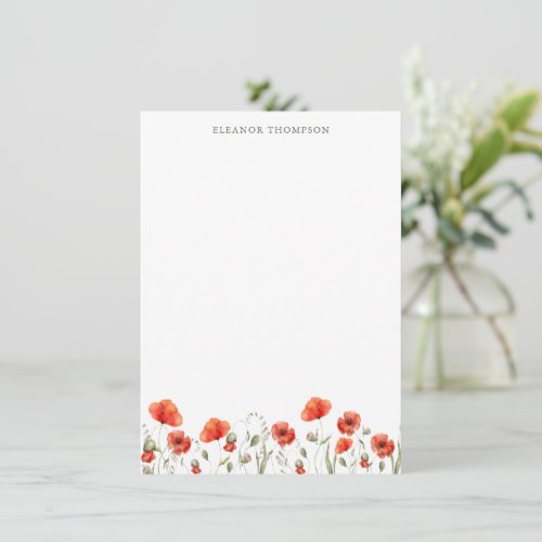 Red Poppy Floral Personalized Name Stationery Note Card