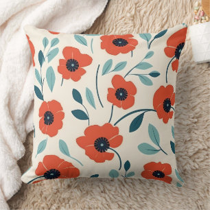 Red Poppy Floral Print Seamless Pattern Throw Pillow