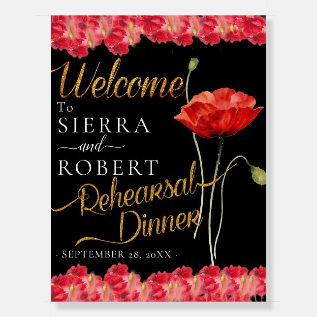 Red Poppy Floral Rehearsal Wedding Dinner Sign (Front)
