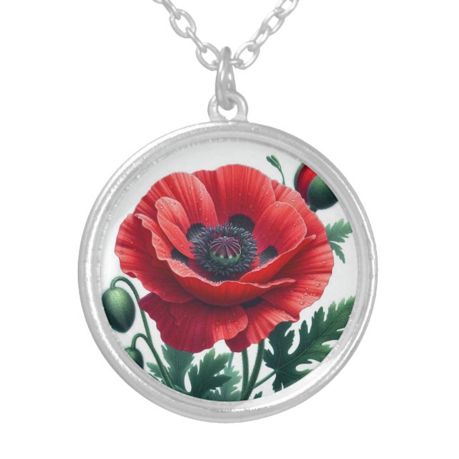 Red Poppy Floral Silver Plated Necklace (Front)
