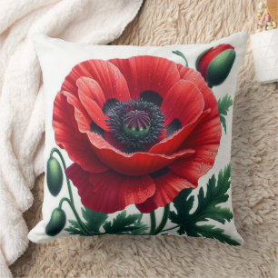 Red Poppy Floral Throw Pillow