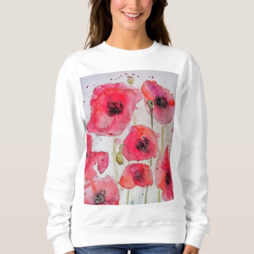 Red Poppy floral Watercolor Art Flower Pattern Sweatshirt