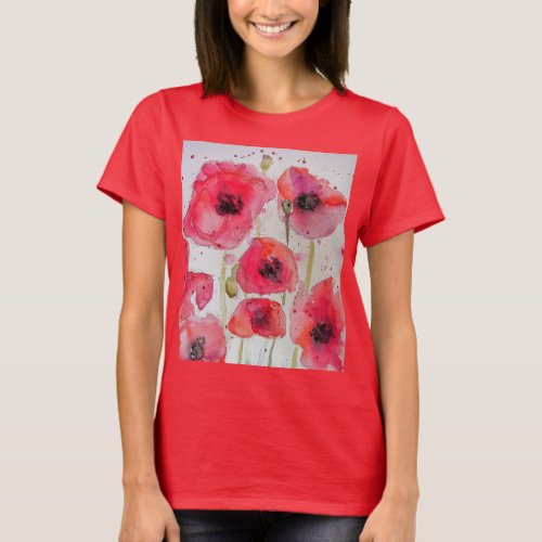 Red Poppy floral Watercolor Art Flower Pattern T_Shirt