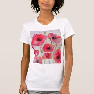Red Poppy floral Watercolor Art Flower Pattern T-Shirt
