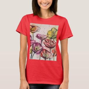 Red Poppy floral Watercolor Art Flower Pattern T-Shirt