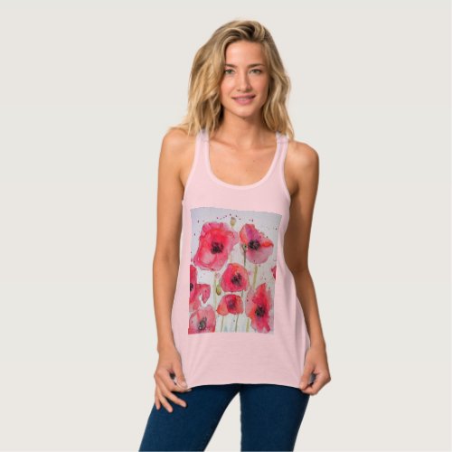 Red Poppy floral Watercolor Art Flower Pattern Tank Top