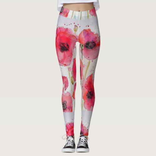 Red Poppy Floral Watercolor Art Leggings