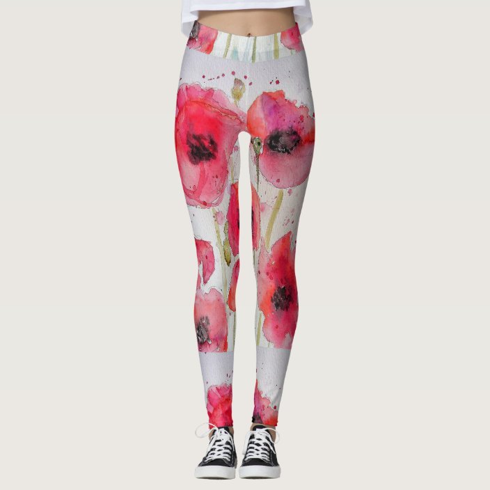 Red Poppy Floral Watercolor Art Leggings | Zazzle.com