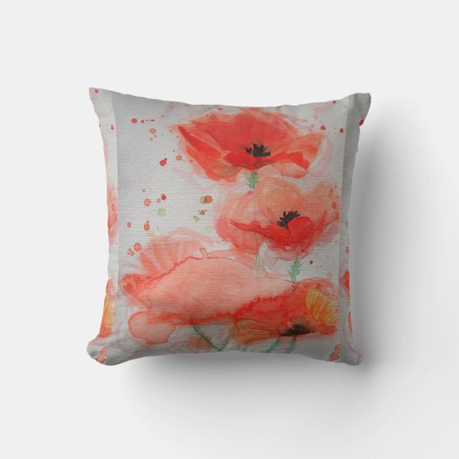 Red Poppy Floral Watercolor Cushion (Front)