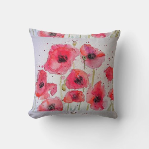 Red Poppy Floral Watercolor Cushion