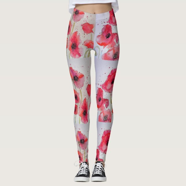 Red Poppy Floral Watercolor Leggings (Front)