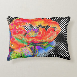 Red Poppy floral watercolor polka dot accent Accent Pillow