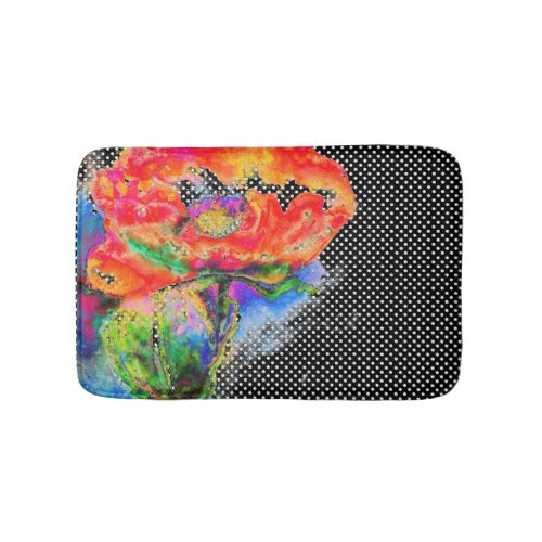 Red Poppy floral watercolor polka dot accent Bathroom Mat