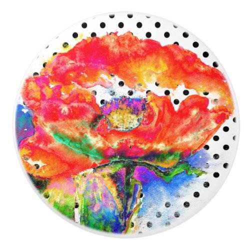 Red Poppy floral watercolor polka dot accent Ceramic Knob