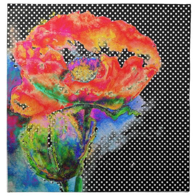 Red Poppy floral watercolor polka dot accent Napkin (Front)