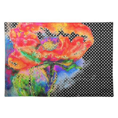 Red Poppy floral watercolor polka dot accent Placemat