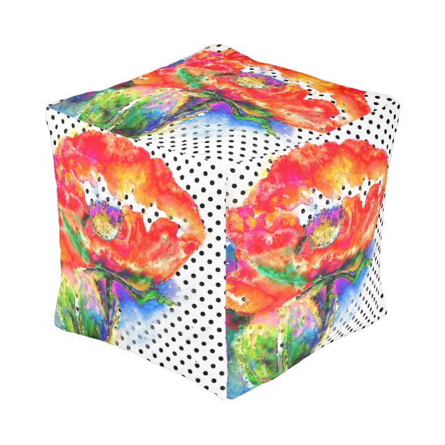 Red Poppy floral watercolor polka dot accent Pouf (Angled Front)