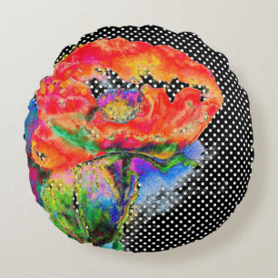 Red Poppy floral watercolor polka dot accent Round Pillow