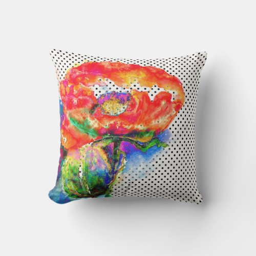 Red Poppy floral watercolor polka dot accent Throw Pillow