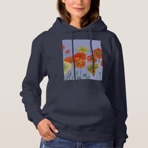 Red Poppy floral Watercolor Purple Flower Pattern Hoodie