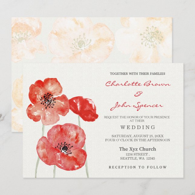 Red Poppy floral wedding invitations (Front/Back)