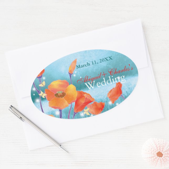 Red Poppy Floral Wedding Save the Date Oval Sticker (Envelope)