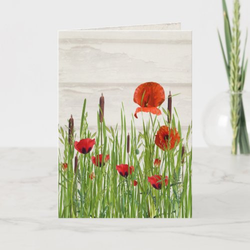 red poppy flower and cattails card