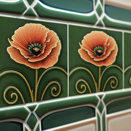 Red Poppy Flower Art Deco Wall Decor Art Nouveau Ceramic Tile