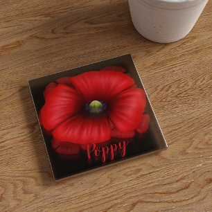 Red Poppy Flower Art Personalized Glass Coaster