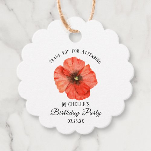 Red Poppy Flower Birthday Thank You Favor Tags